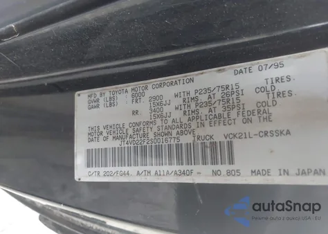 1995 Toyota T100 Xtracab Sr5 z USA, uszkodzony, nr VIN JT4VD22F2S0016775